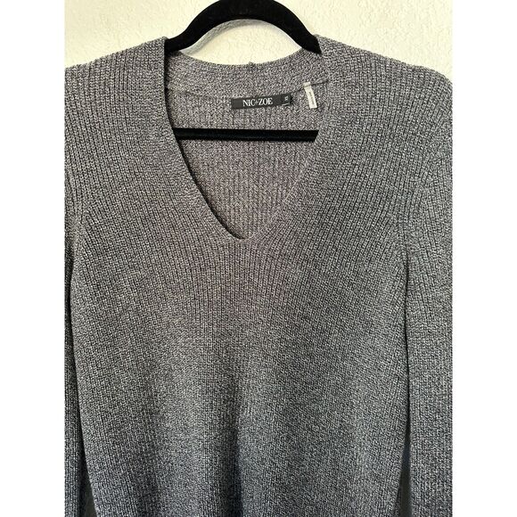 NIC+ZOE V-Neck Faux Fur Cuff Sweater Charcoal Gray Size XS - Picture 3 of 7